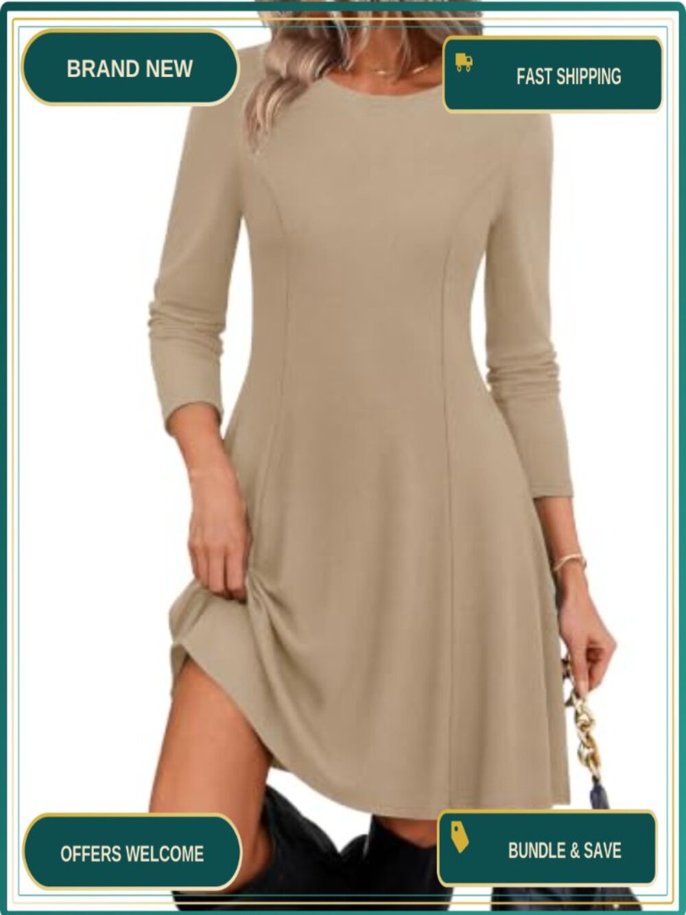 Zeagoo Women's Long Sleeve Ribbed Knit Sweater Dress Fall A-Line Fit and Flare